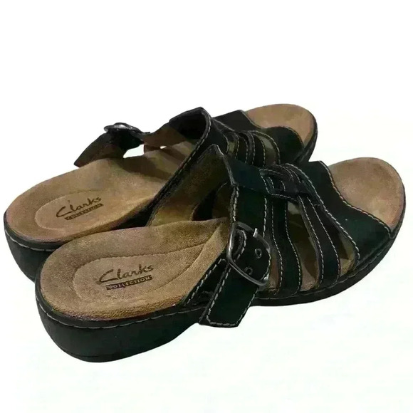 clark’s  Bendables Womens Size 8 Leather Cross Strap Slide Sandals Shoes black - Picture 4 of 7